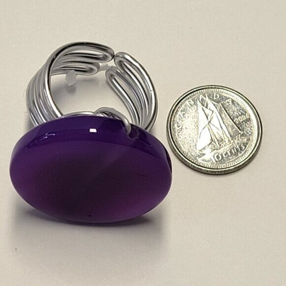 Purple Agate Round Ring Adjustable Band Handmade Semi Precious Ring - Picture 4 of 9